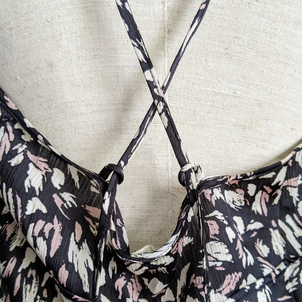 Free People Mini Dress Halter V-Neck Sleeveless Open Back Self Ties Black L NWT